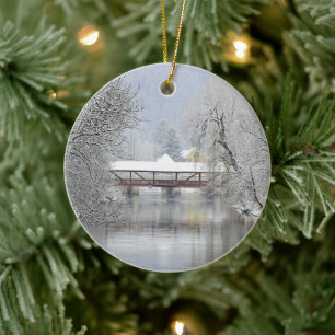 Covered Bridge Snow Photo Ceramic Ornament