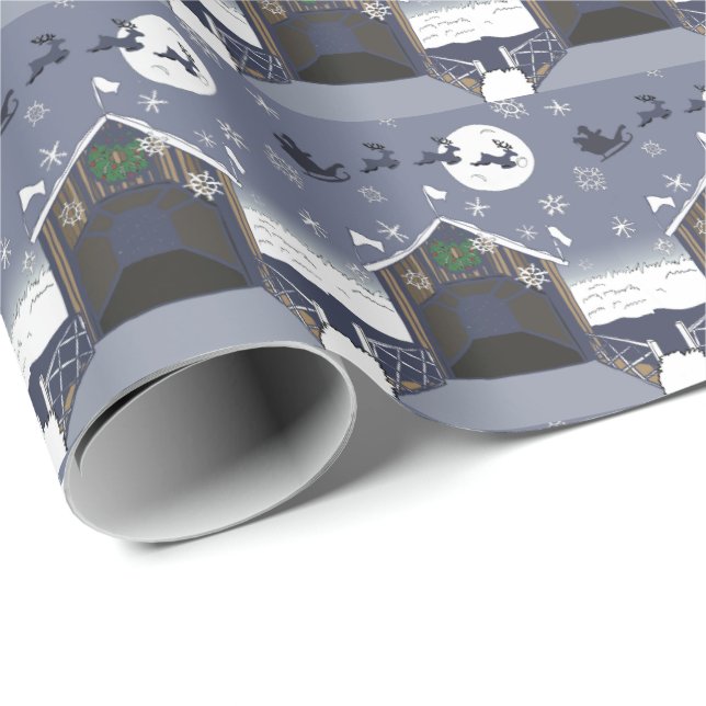Covered Bridge with Santa and Reindeer Wrapping Paper (Roll Corner)