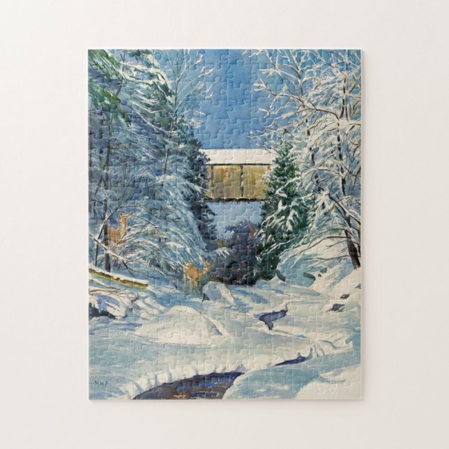 Covered Bridge with Snow and Deer at Stream Jigsaw Puzzle (Vertical)