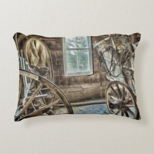 Covered wagon, wooden wagon wheel accent pillow
