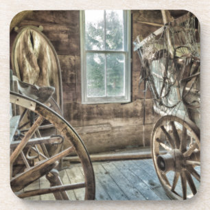 Covered wagon, wooden wagon wheel coaster
