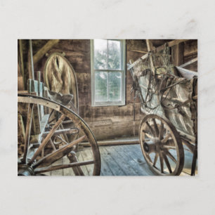 Covered wagon, wooden wagon wheel postcard