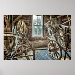 Covered wagon, wooden wagon wheel poster