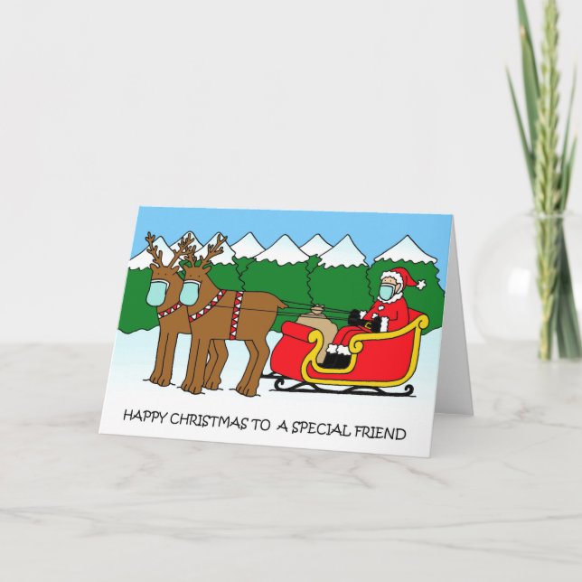 Covid 19 Happy Christmas Friend, Santa Cartoon. Card (Front)