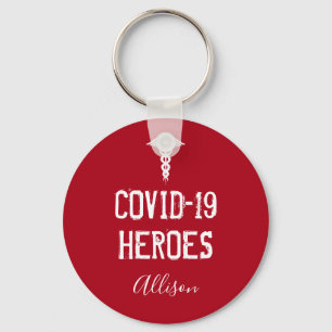 Covid 19 Heroes Red White Caduceus Personalized Keychain