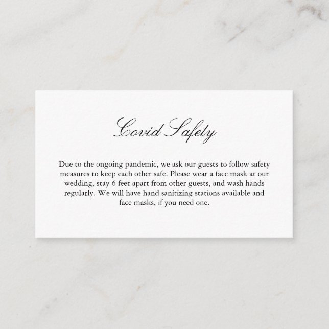 Covid 19 Safety Information Elegant Script Wedding Enclosure Card (Front)