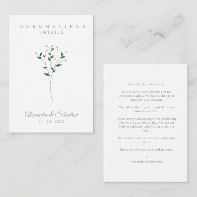 Covid Details Sophisticated Coral Elegant Branches Enclosure Card (Front/Back)