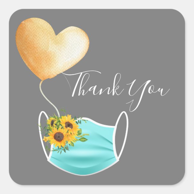 Covid Face Mask & Flowers Thank You Square Sticker (Front)