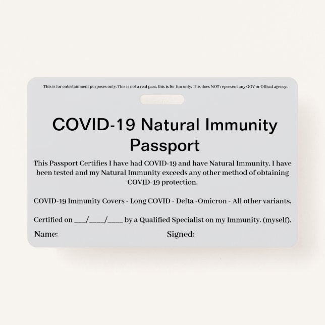COVID Natural Immunity Passport ID's Badge card (Front)