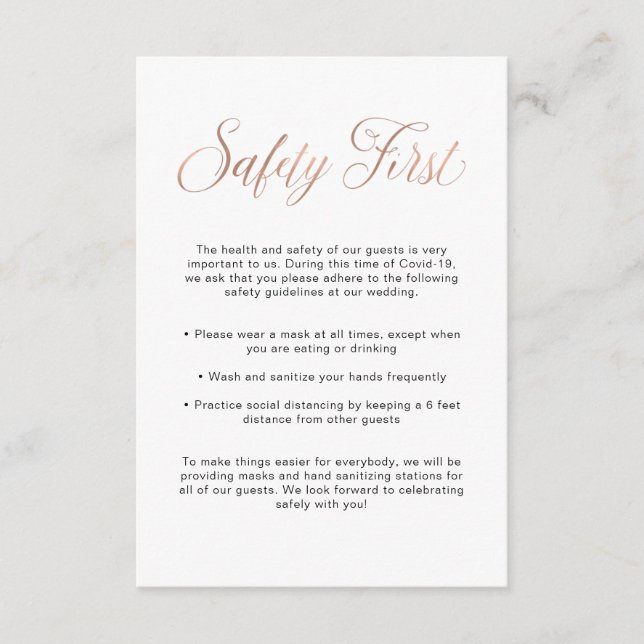 Covid Safety Guidelines | Rose Gold Wedding Info Enclosure Card (Front)