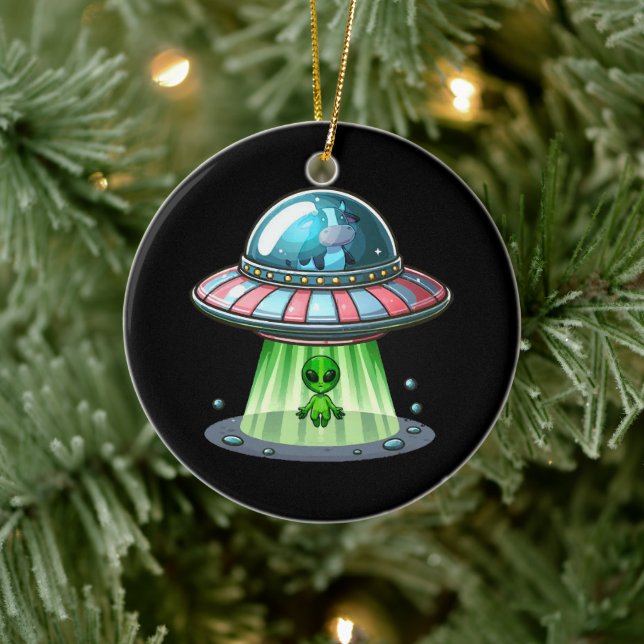 Cow Abducting Alien Ceramic Ornament (Tree)
