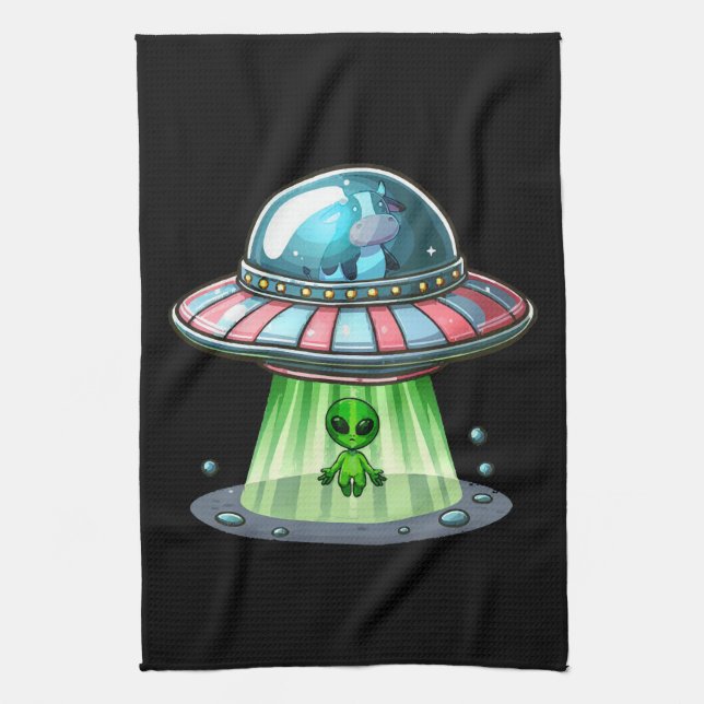 Cow Abducting Alien Kitchen Towel (Vertical)