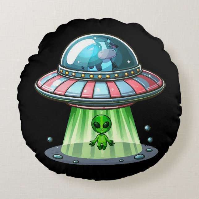 Cow Abducting Alien Round Pillow (Front)