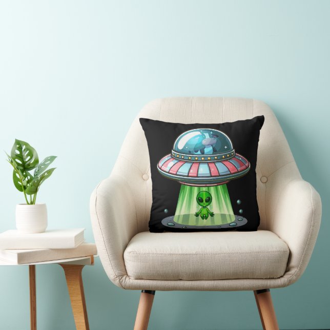 Cow Abducting Alien Throw Pillow (Chair)