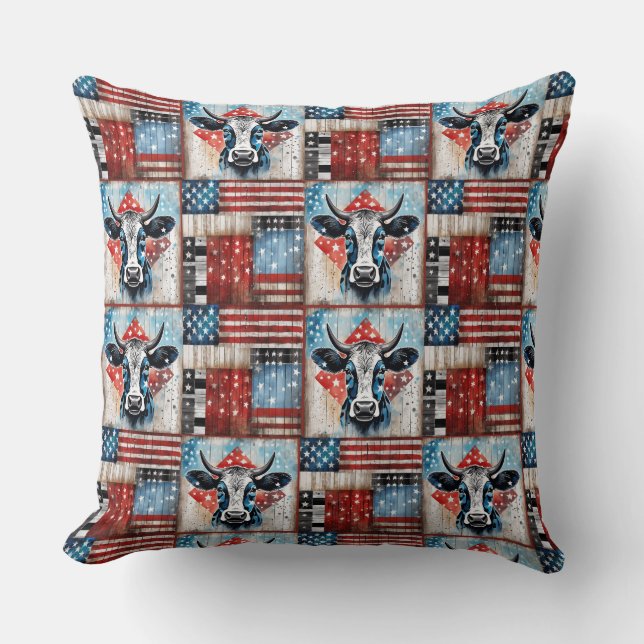 Cow American Flag Folk Art Throw Pillow (Front)