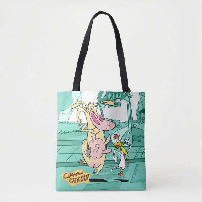 Cow and Chicken Running Graphic Tote Bag (Front)