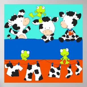Cow and frog laundry day. poster