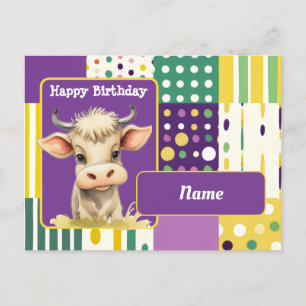 Cow and retro dots and lines Happy Birthday Postcard