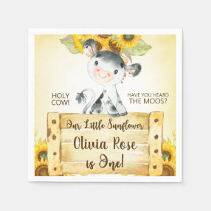 Cow and sunflowers girl first birthday napkins. napkin