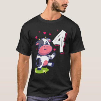 Cow Animal 4th Birthday Girl B Day 4 Years Old T-Shirt