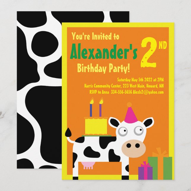 Cow Animal Kid's Birthday Party Invitations (Front/Back)