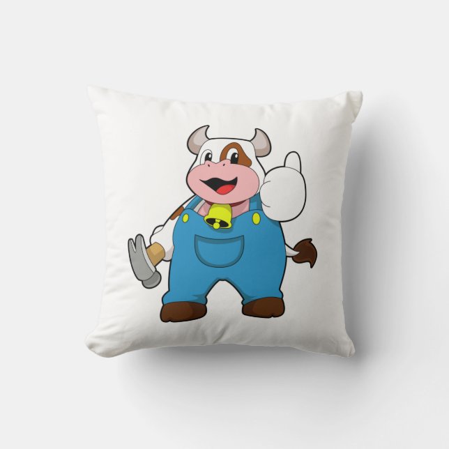 Cow as Craftsman with Hammer Throw Pillow (Front)