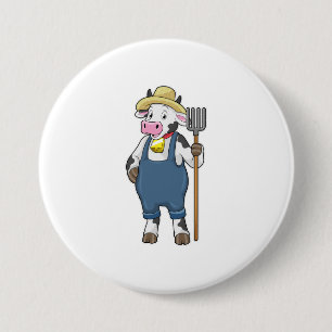 Cow as Farmer with Pitchfork 3 Inch Round Button