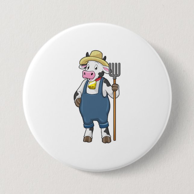 Cow as Farmer with Pitchfork 3 Inch Round Button (Front)