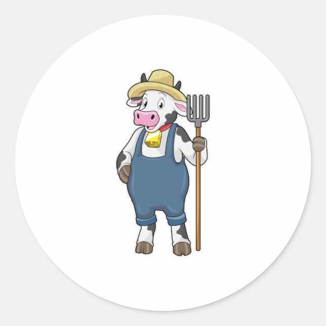 Cow as Farmer with Pitchfork Classic Round Sticker (Front)