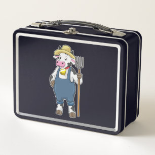 Cow as Farmer with Pitchfork Metal Lunch Box