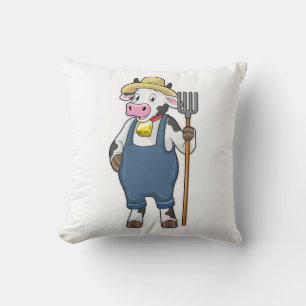 Cow as Farmer with Pitchfork Throw Pillow