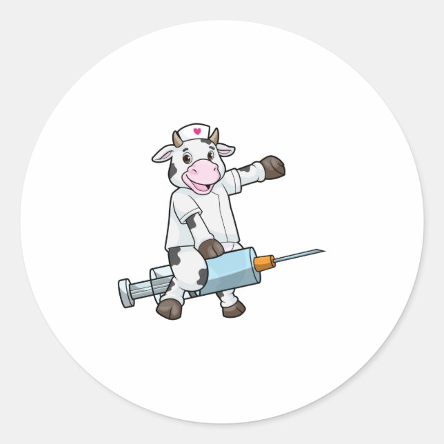 Cow as Nurse with Heart & Syringe Classic Round Sticker (Front)
