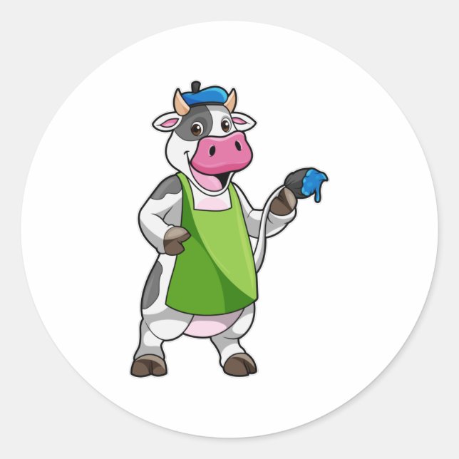 Cow as Painter with Paint & Apron Classic Round Sticker (Front)