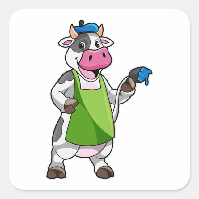 Cow as Painter with Paint & Apron Square Sticker (Front)
