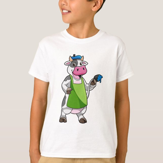 Cow as Painter with Paint & Apron T-Shirt (Front)