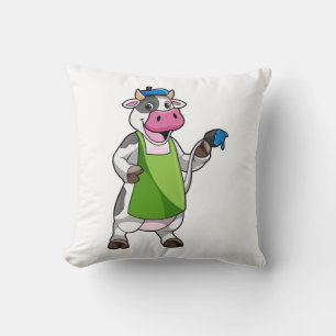 Cow as Painter with Paint & Apron Throw Pillow