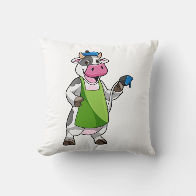Cow as Painter with Paint & Apron Throw Pillow (Front)