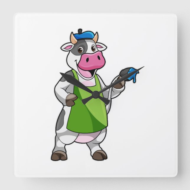 Cow as Painter with Paint Square Wall Clock (Front)
