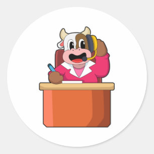 Cow as Secretary with Table Classic Round Sticker