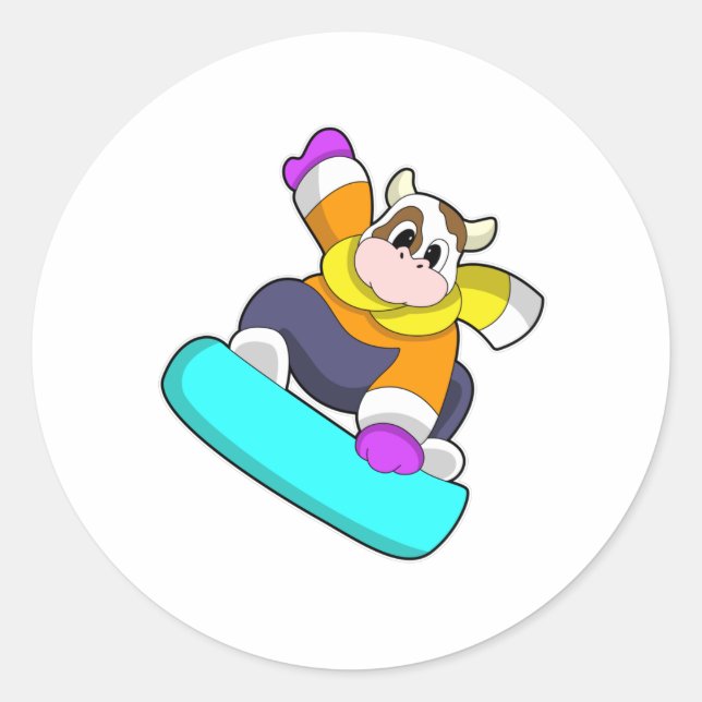 Cow at Snowboarding with Snowboard Classic Round Sticker (Front)