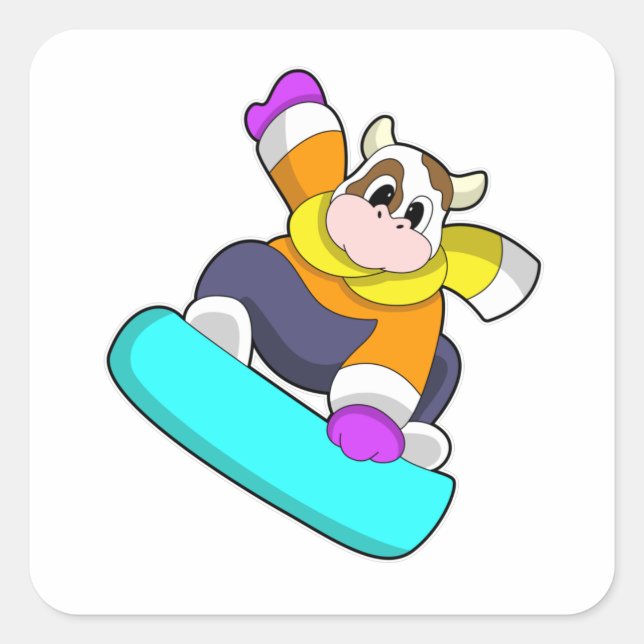 Cow at Snowboarding with Snowboard Square Sticker (Front)
