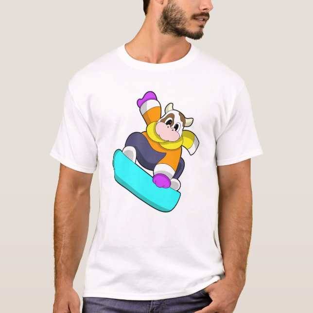 Cow at Snowboarding with Snowboard T-Shirt (Front)