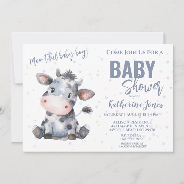 Cow Baby Shower Dusty Blue Boy Farm Invitation (Front)
