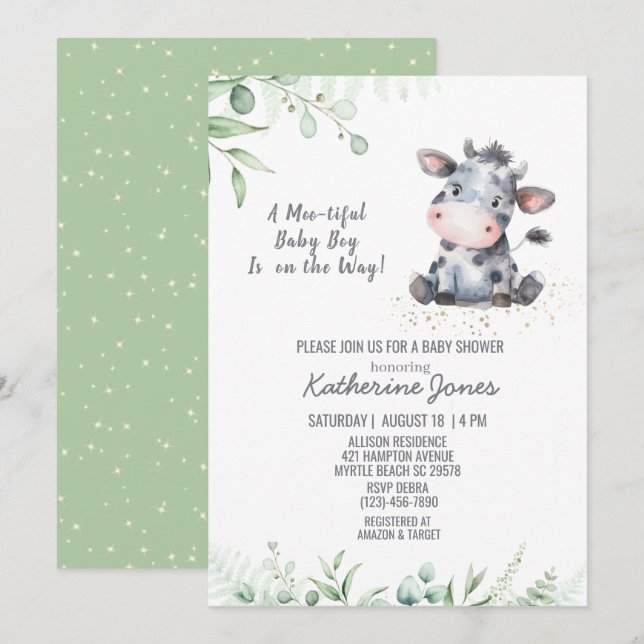 Cow Baby Shower Greenery Boy Farm Invitation (Front/Back)