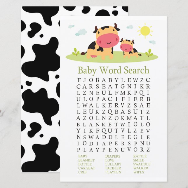 Cow Baby Shower Word Search Game (Front/Back)