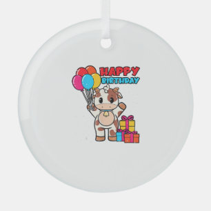 Cow Birthday Balloon Theme Cattleman Farmer Cute B Glass Ornament