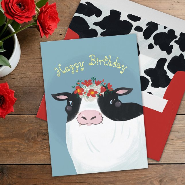Cow Birthday Card Dairy Cow and Red Flowers (Creator Uploaded)