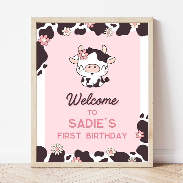 Cow Birthday Floral Pink Welcome Sign (Creator Uploaded)