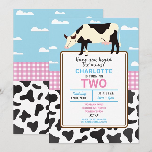 Cow Birthday Invite Two 2nd Holy Cow Party Invite (Front/Back)