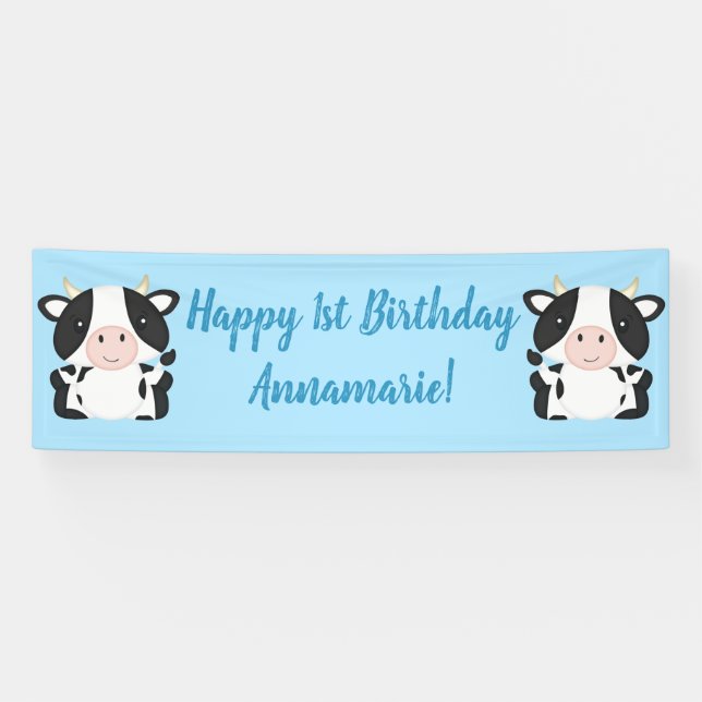 Cow Birthday Party Blue Banner (Horizontal)